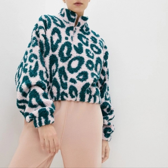 NWT Reebok Frost Berry Pink/Green Leopard Print Half Zip Sherpa Pullover S - Picture 6 of 9